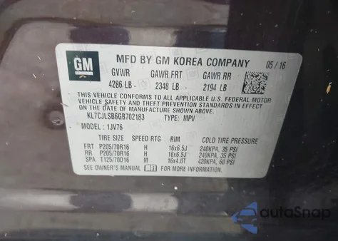 2016 Chevrolet Trax Lt from USA, damaged, VIN KL7CJLSB6GB702183